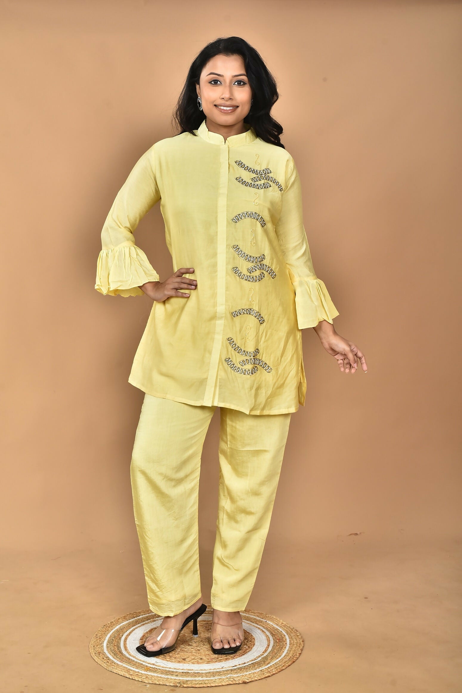 Morchari Women Hand Embroidery Co-Ords-Yellow - Swadesiicart