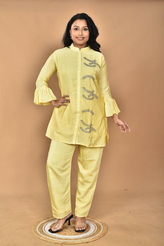 Morchari Women Hand Embroidery Co-Ords-Yellow - Swadesiicart