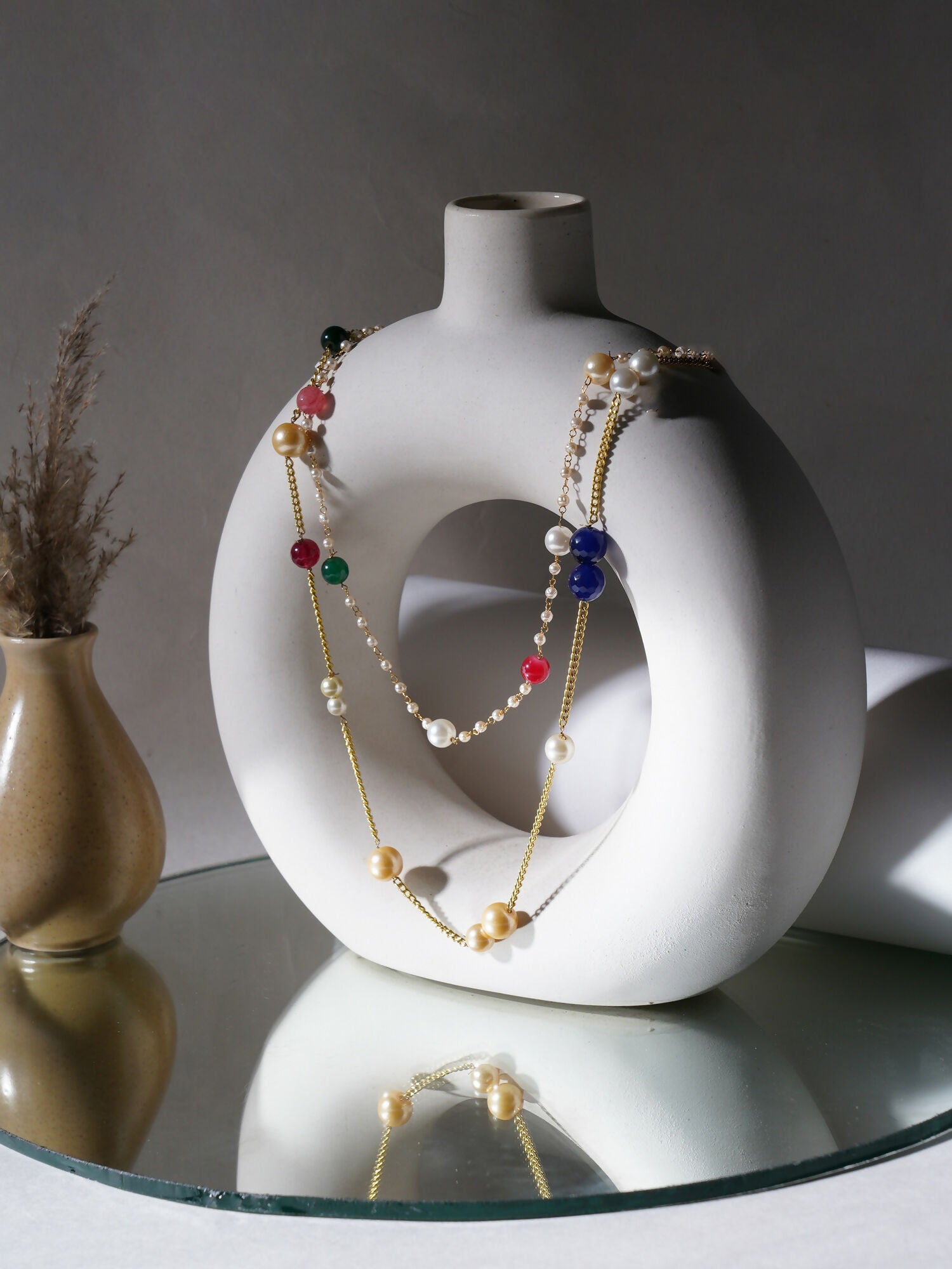 Layered Pearl and Gold Neckpiece with Multi Stones (Multi Color) - Ruby Raang | Swadesiicart