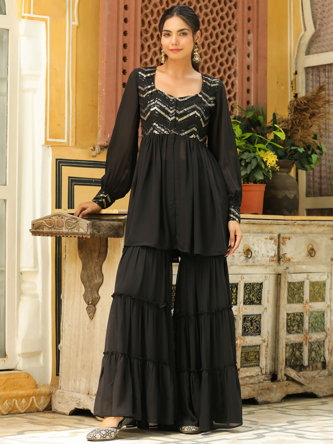 Janasya Black Georgette Sequined Tunic & Bottom | Swadesiicart