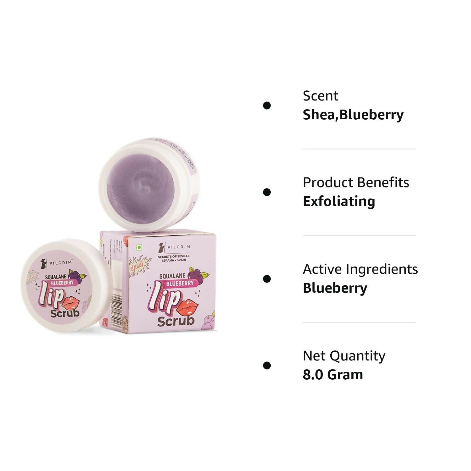 Pilgrim Spanish Lip Scrub (Blueberry) For Dark Lips, Gentle Exfoliation, Hydrated, Smooth & Soft Lips - Swadesiicart