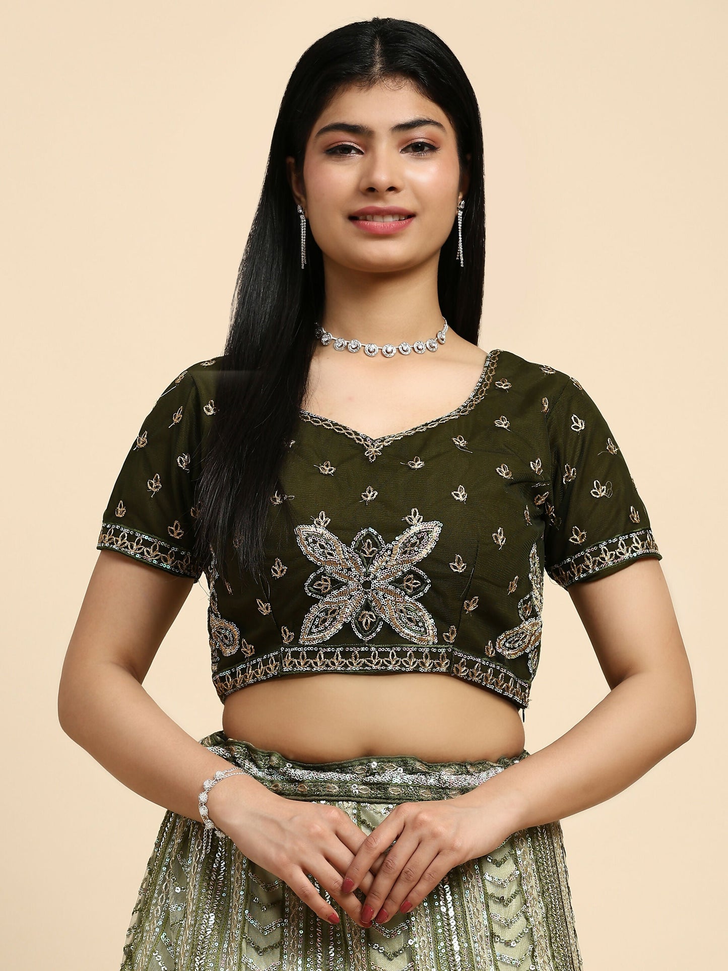 Green Fancy Net Sequence Embroidered Lehenga Choli with Dupatta - Dhara | Swadesiicart