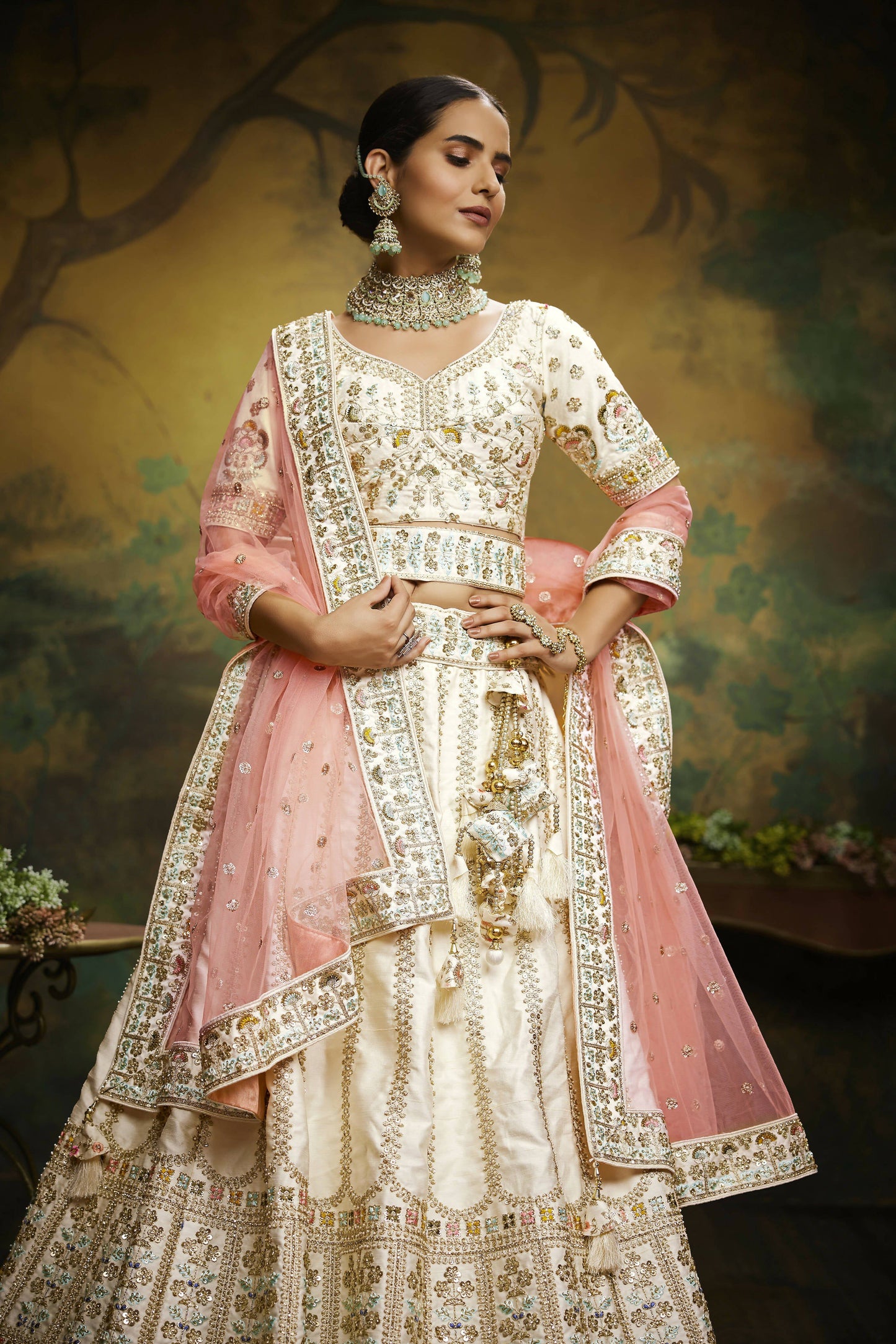 House of Panchhi Off White Pure Silk Moti & Zarkan heavy embroidery Lehenga choli & Dupatta | Swadesiicart