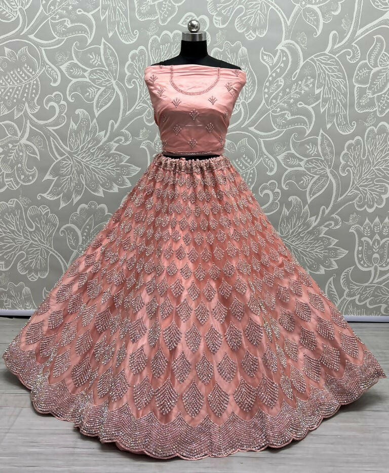 Jyoti Fashion Women's Pink Bridal Net Fancy Dori & Multi Thread Embroidered with Zircon Diamond Work Wedding Lehenga Choli | Swadesiicart