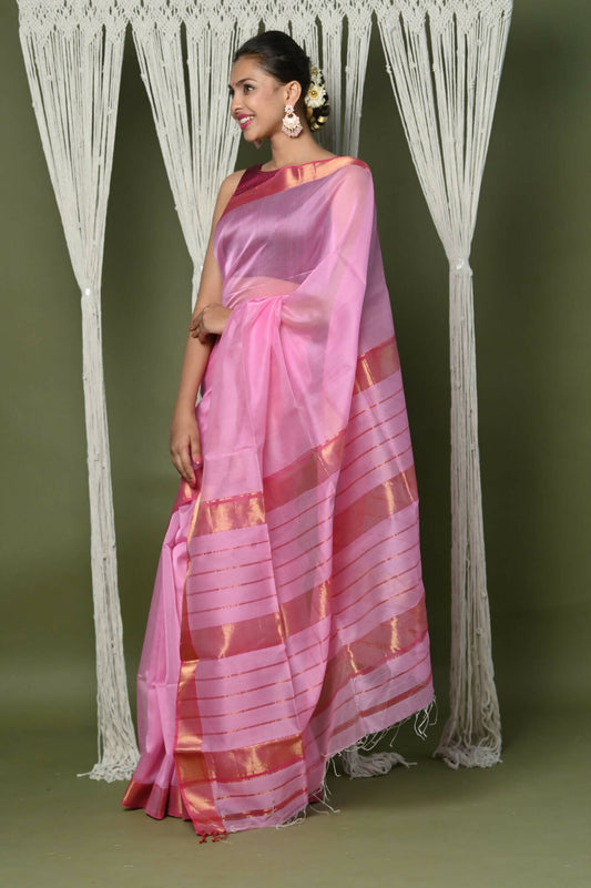 Very Much Indian Handloom Cotton Silk Maheshwari Saree With Sleek Golden Border - Rose Pink | Swadesiicart