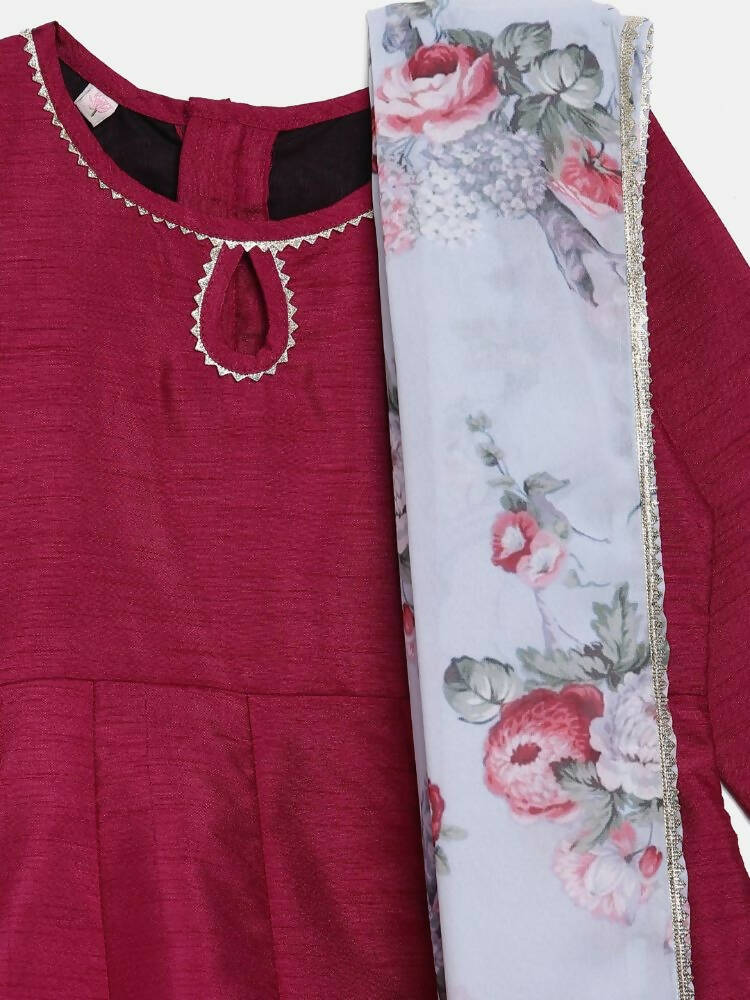 Ahalyaa Wine Poly Silk Curved Kids Kurta Palazzo Set With Bottom For Girls | Swadesiicart