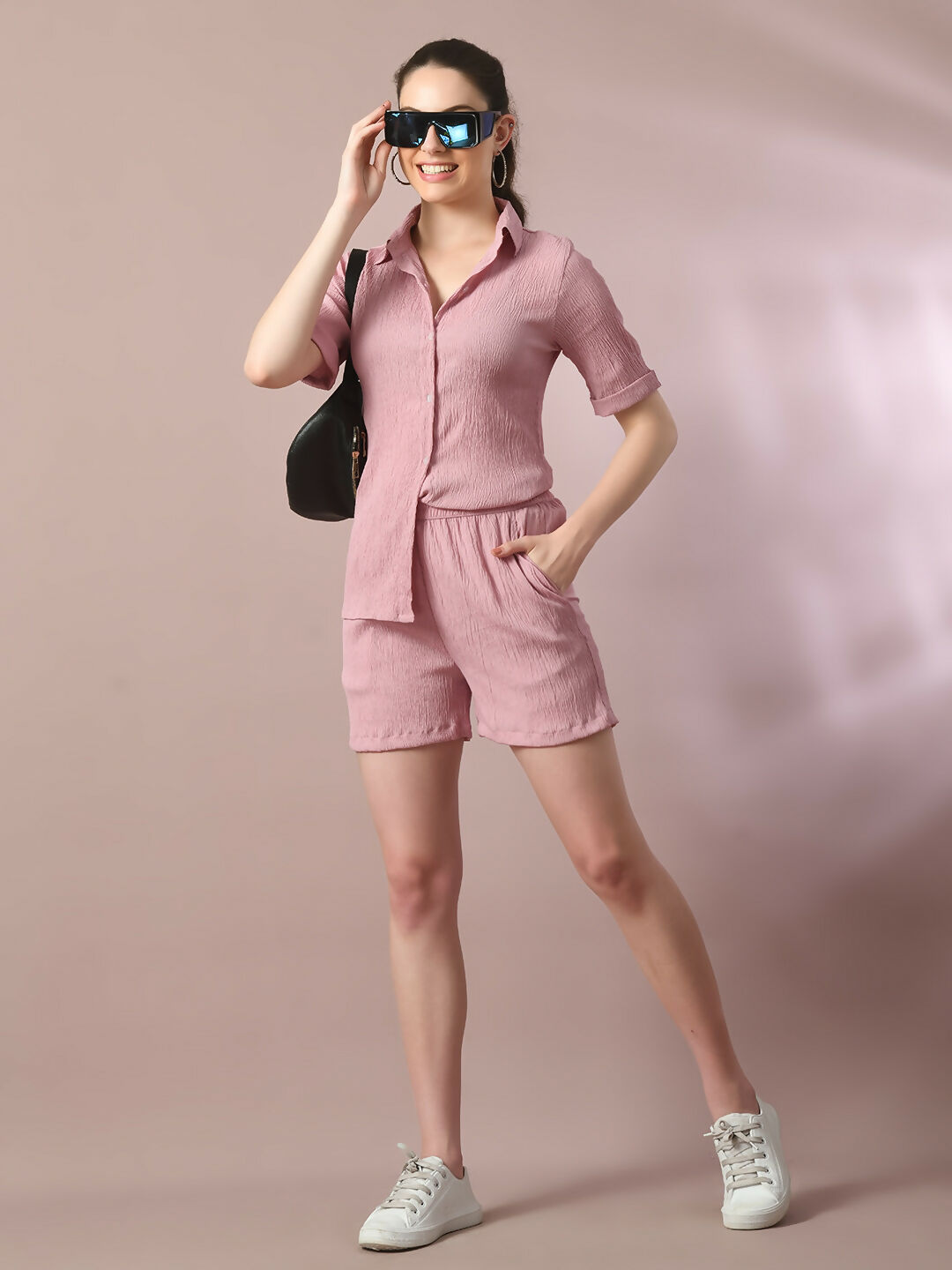 Myshka Women's Pink Solid Shirt Collar Party Shirt With Shorts Co-ord set - Swadesiicart