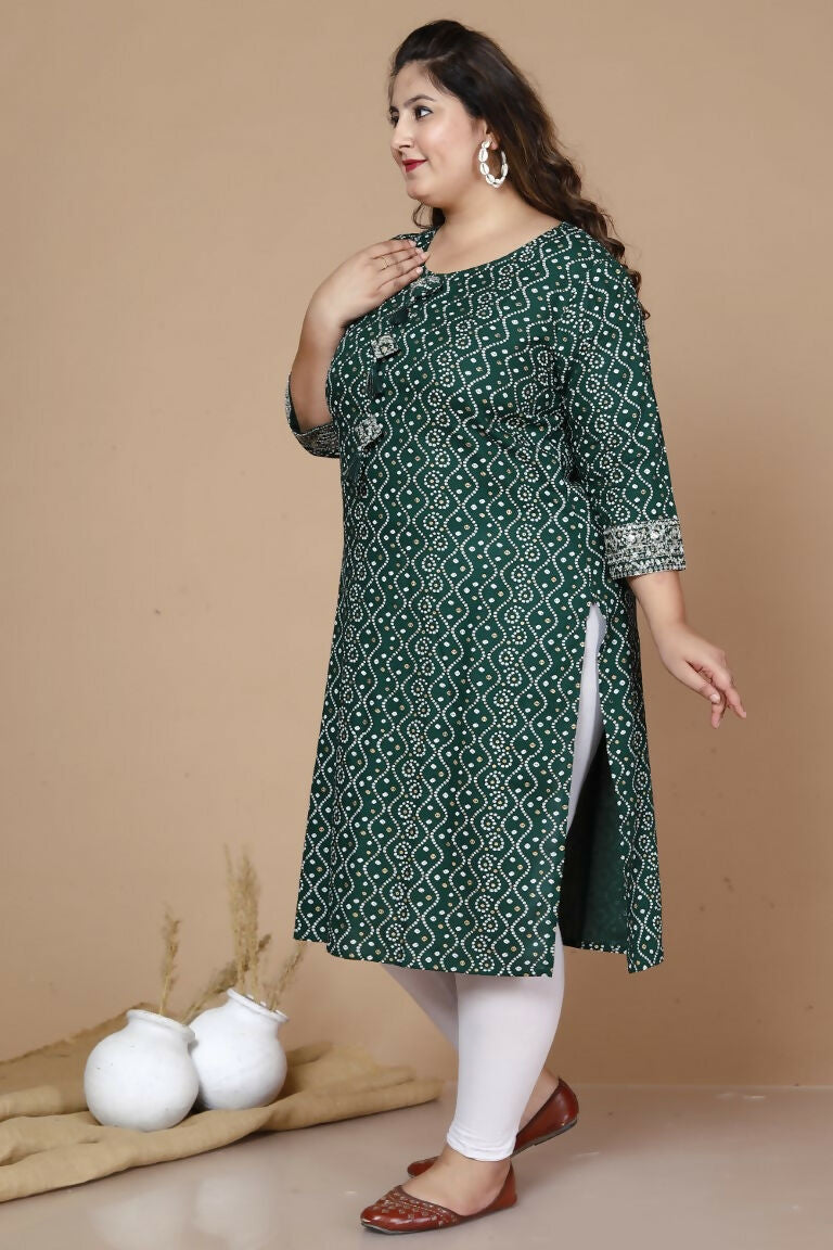 Miravan Women's Plus Size Rayon Bandhani Print Straight Kurta Green - Swadesiicart