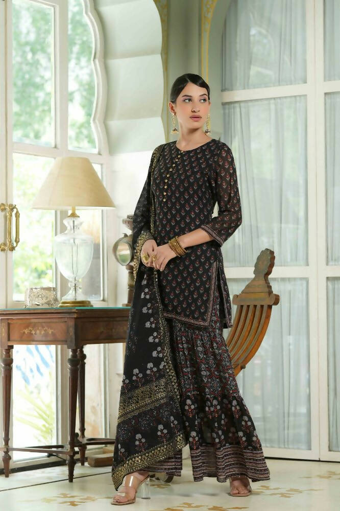 Juniper Black Georgette Festive Floral Print Straight Tunic-Sharara For Women | Swadesiicart