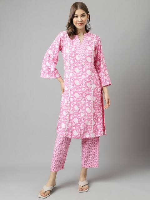 FIORRA Women's Pink Cotton A-Line Kurta Set - Swadesiicart