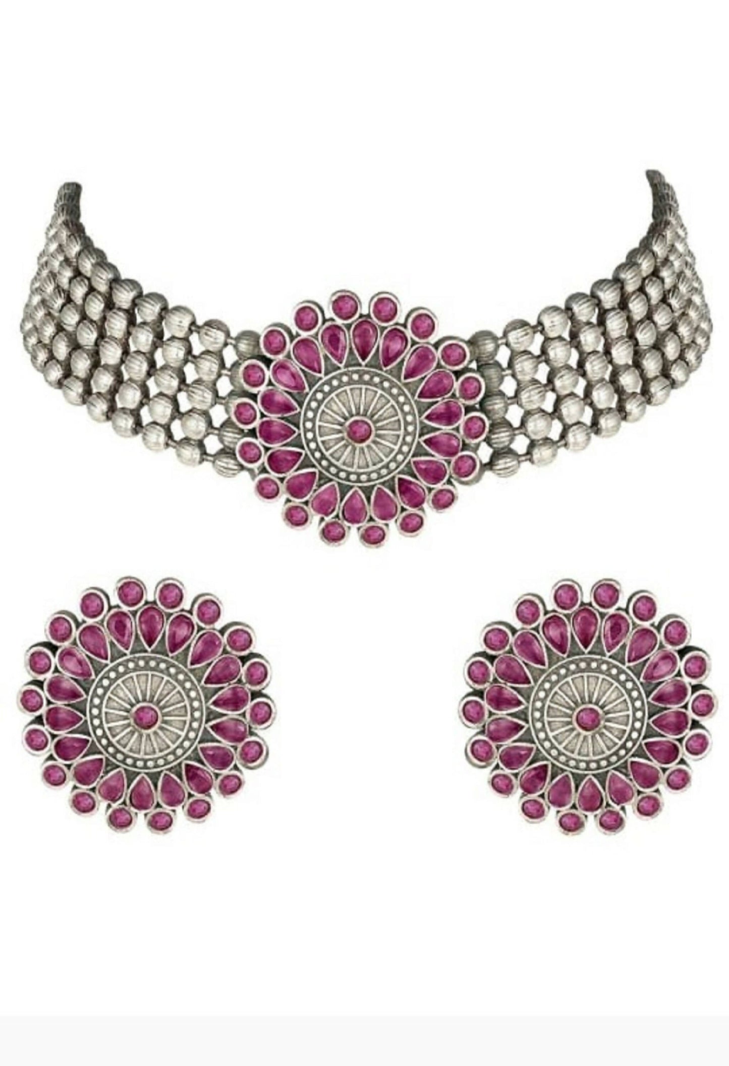 Mominos Fashion Johar Kamal Oxidised Silver-Plated Brass Finish Kundan Choker For Women (Pink) | Swadesiicart
