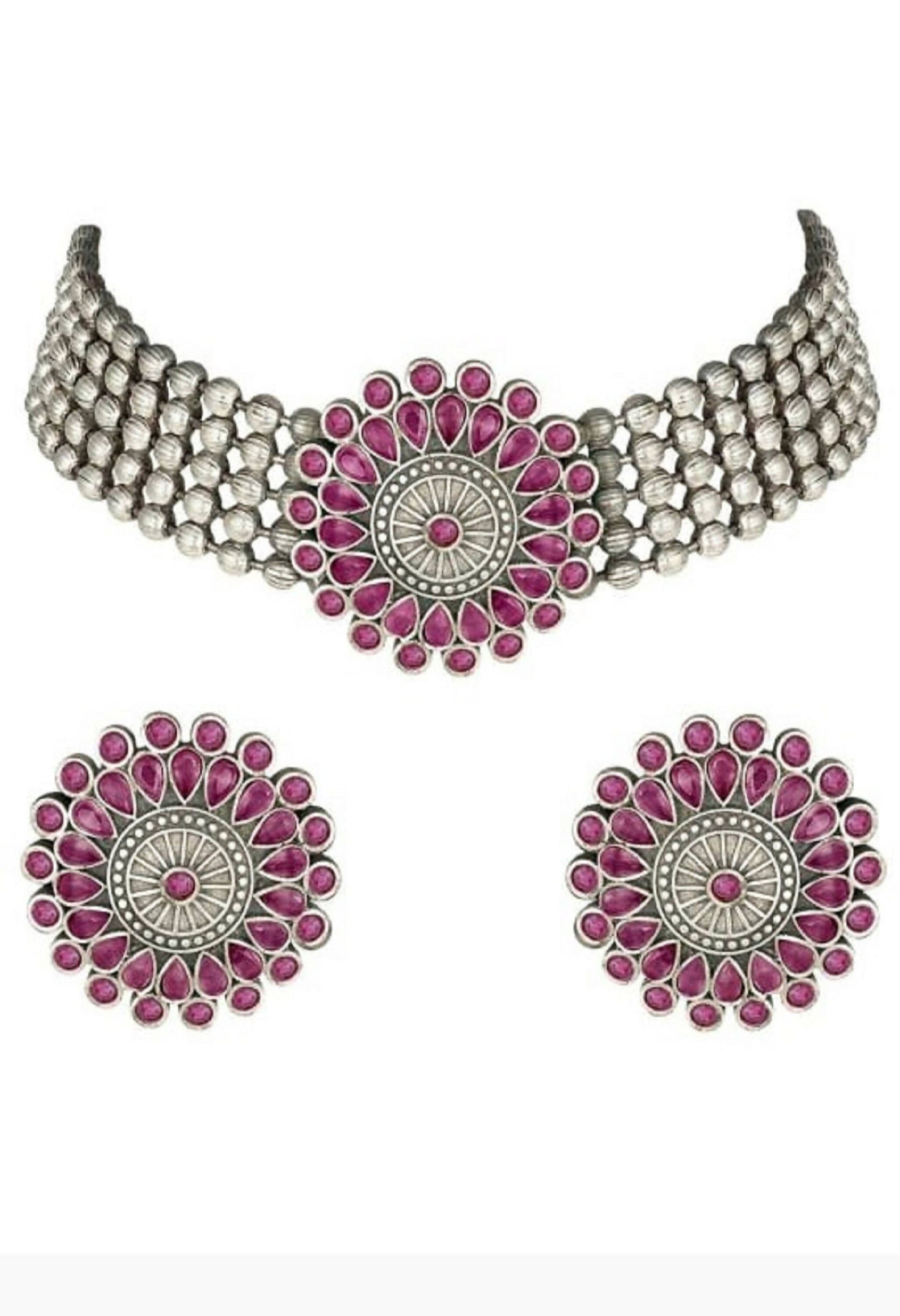 Mominos Fashion Johar Kamal Oxidised Silver-Plated Brass Finish Kundan Choker For Women (Pink) | Swadesiicart
