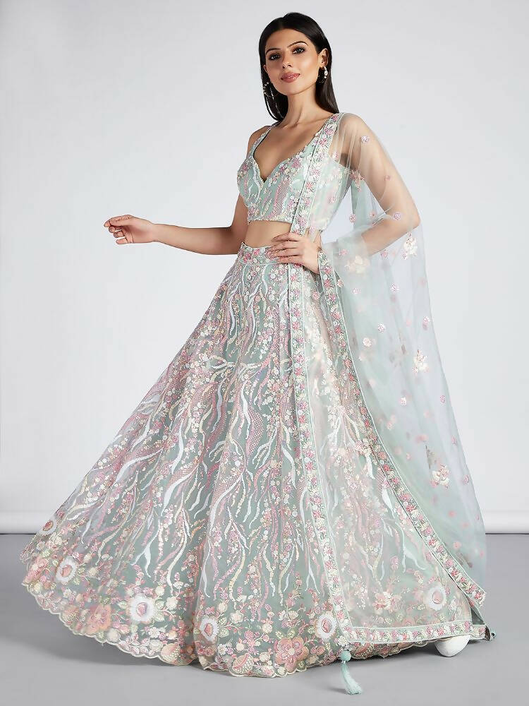 House of Panchhi Lime Green Net Sequins And Thread Embroidery Lehenga Choli & Dupatta | Swadesiicart