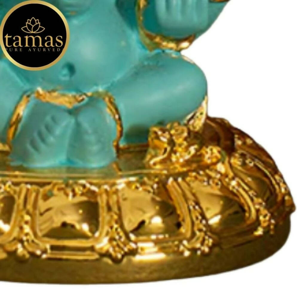 Tamas Gold-Polished Gaj Karna Ganesh Idol Flora Blue & Gold Color - Swadesiicart