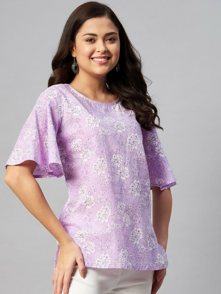 Miravan Women's Lavender-Coloured Bell Sleeve Floral Print Kurti - Swadesiicart