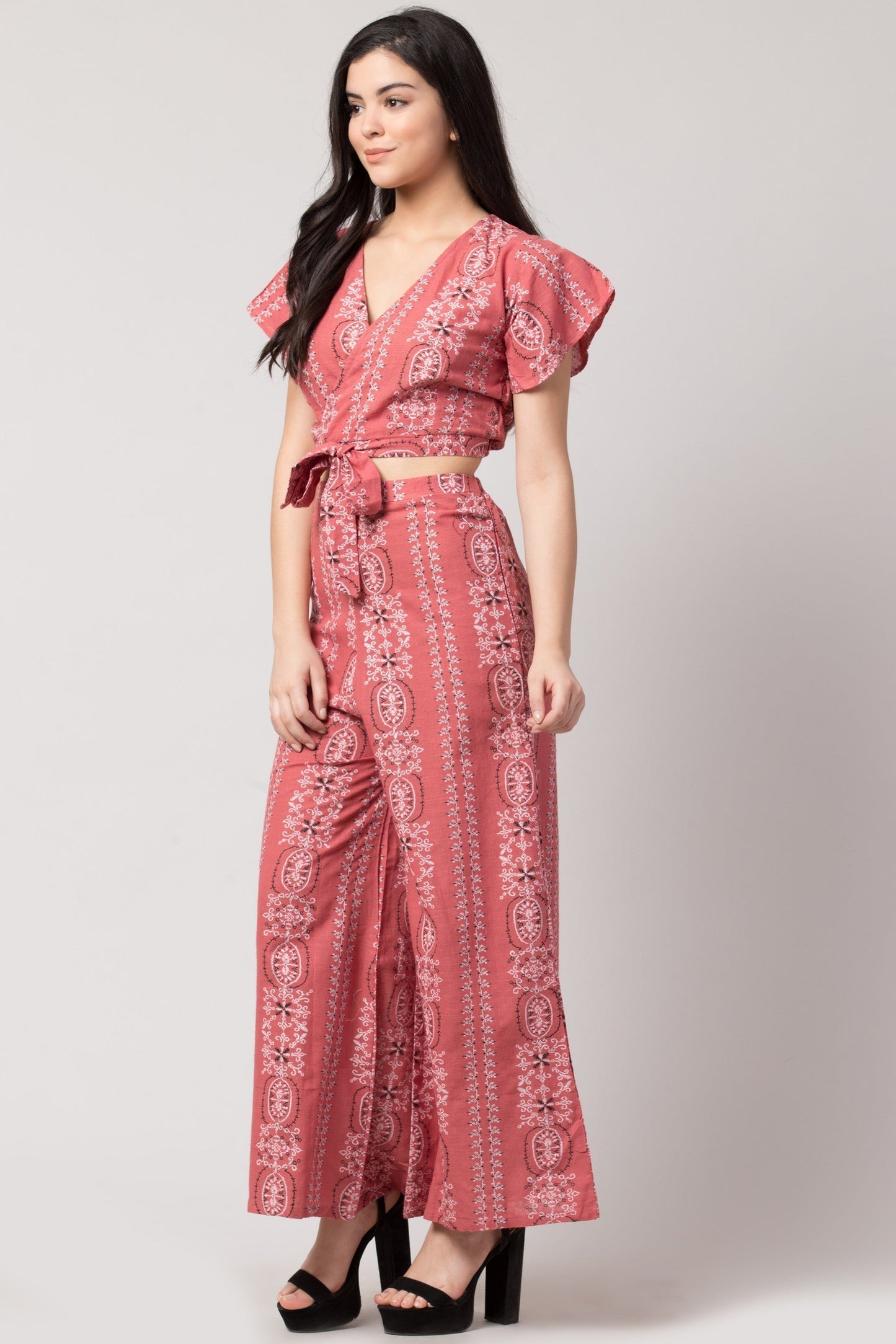 PAVONINE Peach Color Printed Crop Top And Flared Palazzo Set For Girls & Women - Swadesiicart