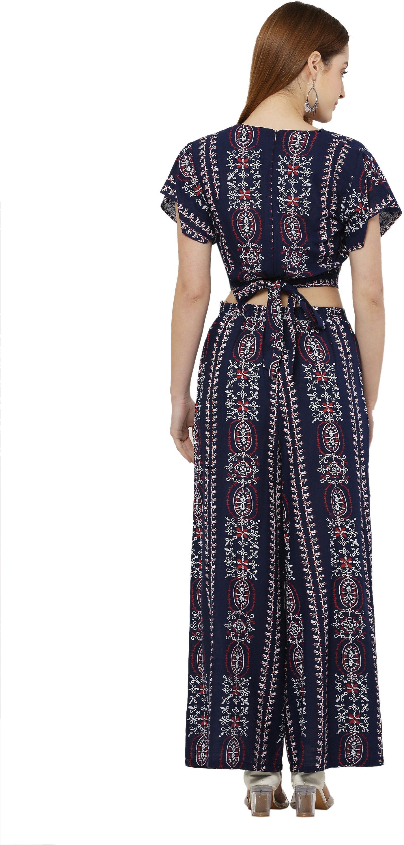 PAVONINE Navy Blue Color Printed Crop Top And Flared Palazzo Set For Girls & Women - Swadesiicart