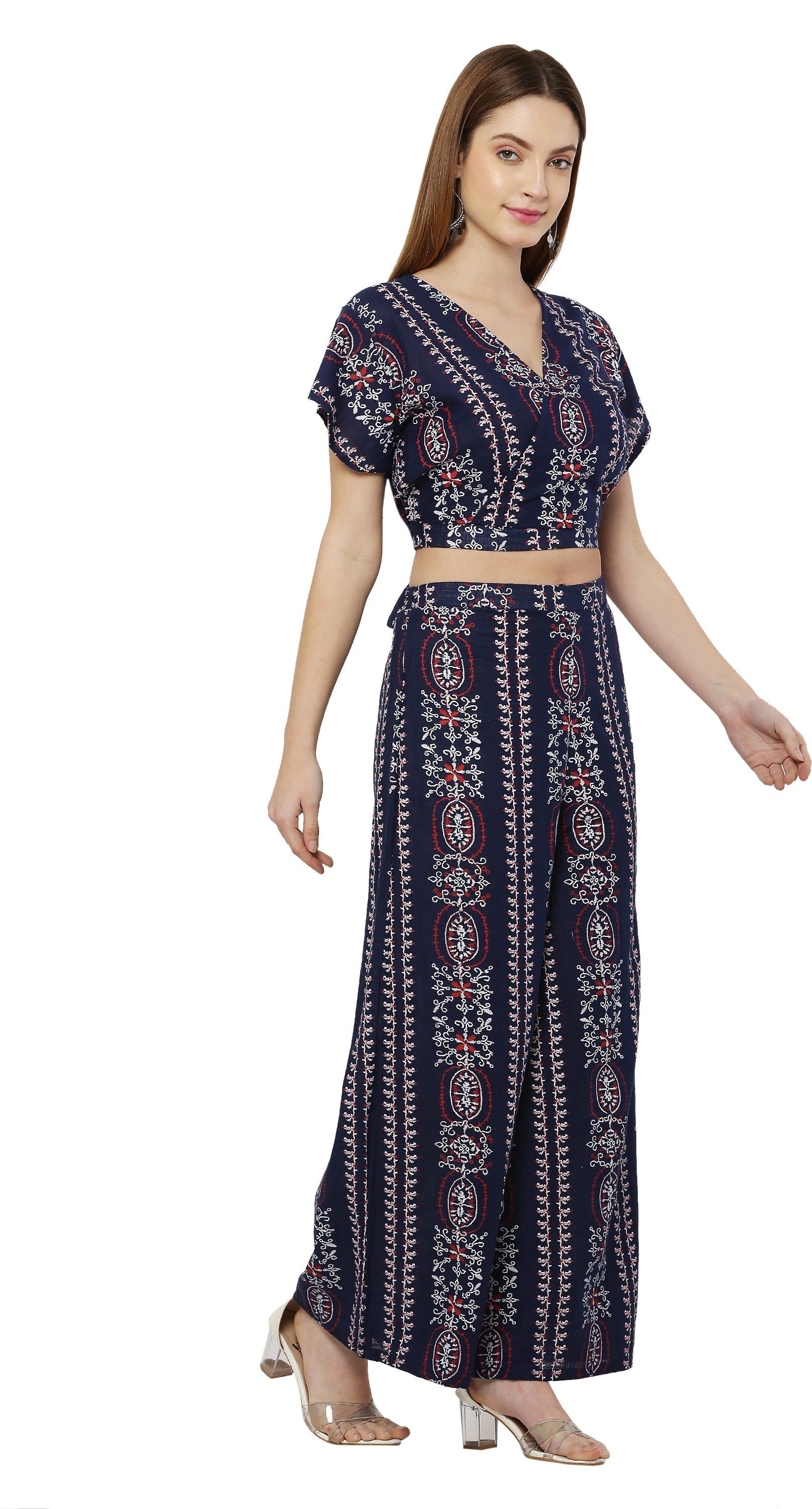 PAVONINE Navy Blue Color Printed Crop Top And Flared Palazzo Set For Girls & Women - Swadesiicart