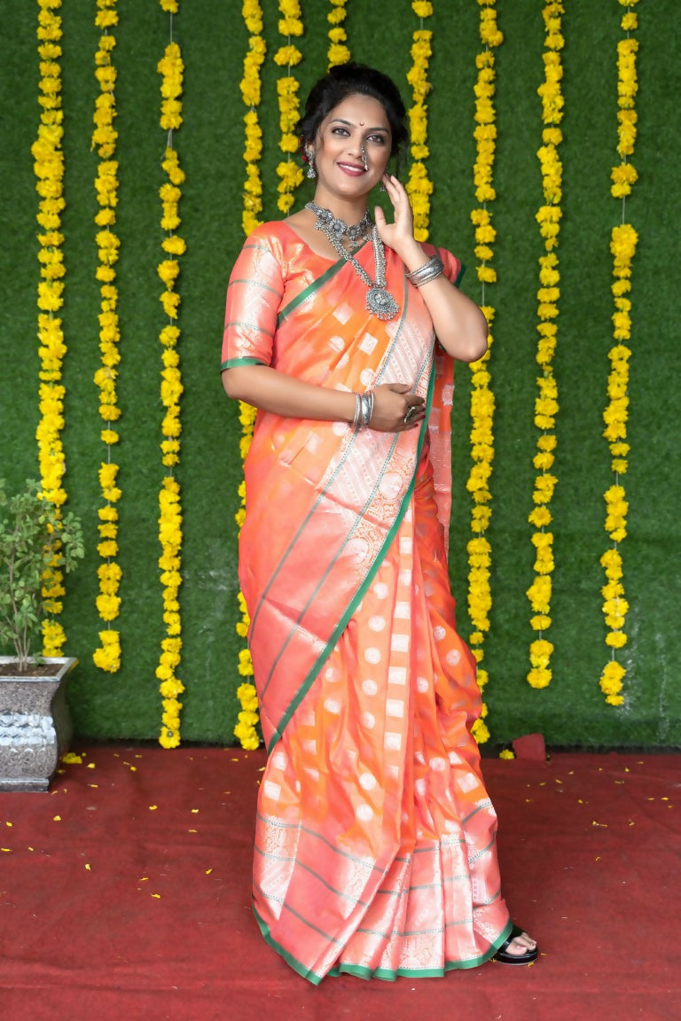 Jyoti Fashion Women's Peach Soft Handloom Silk Zari Woven Saree with Blouse | Swadesiicart