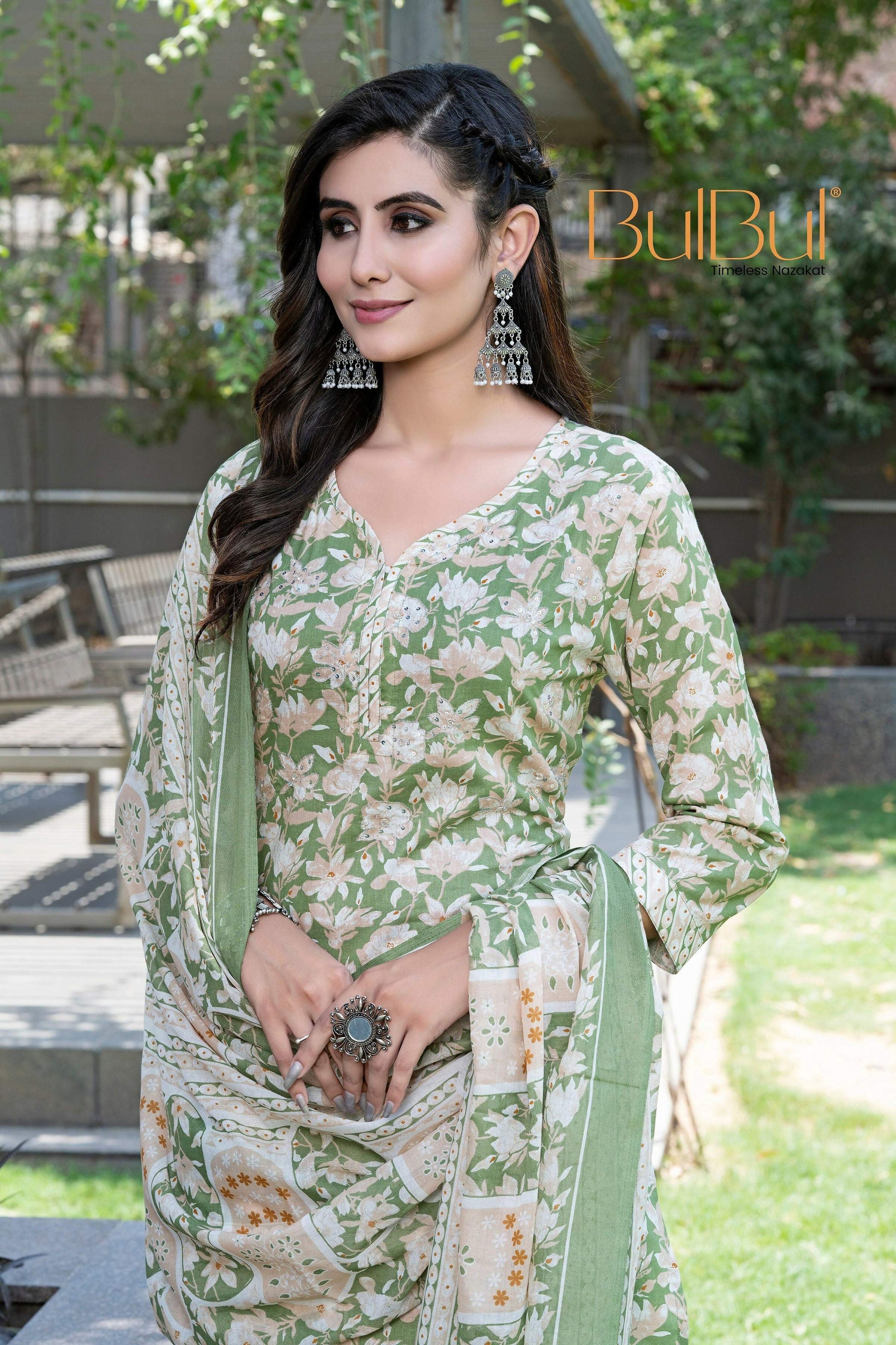 BulBul Fashionista Green Floral Cotton Kurta Set with Dupatta - Swadesiicart