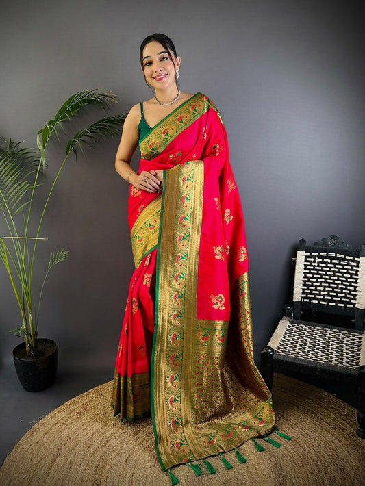 Joban Fashion Banarasi Red Woven Soft Silk Saree | Swadesiicart