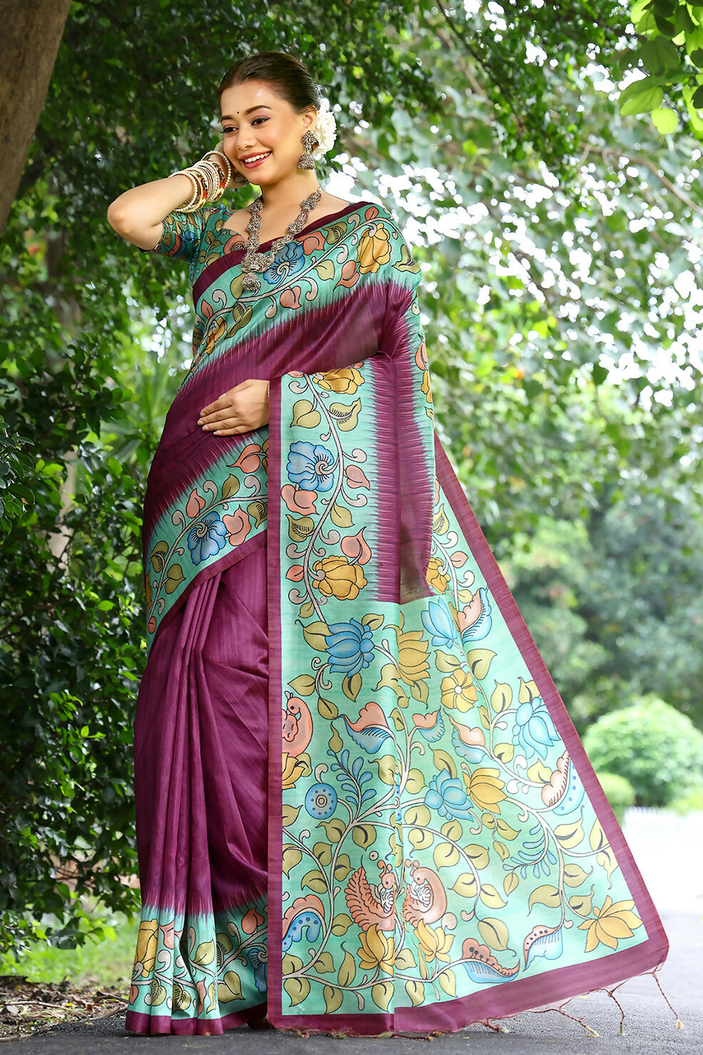 Vishnu Weaves Women's Wine Cotton Silk Woven Saree with Blouse - Swadesiicart