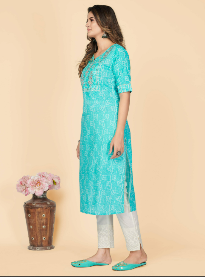 NOZ2TOZ Women's Printed & Embroidered Straight Cotton Sky Blue Stitched Kurta (1Pc) - Swadesiicart