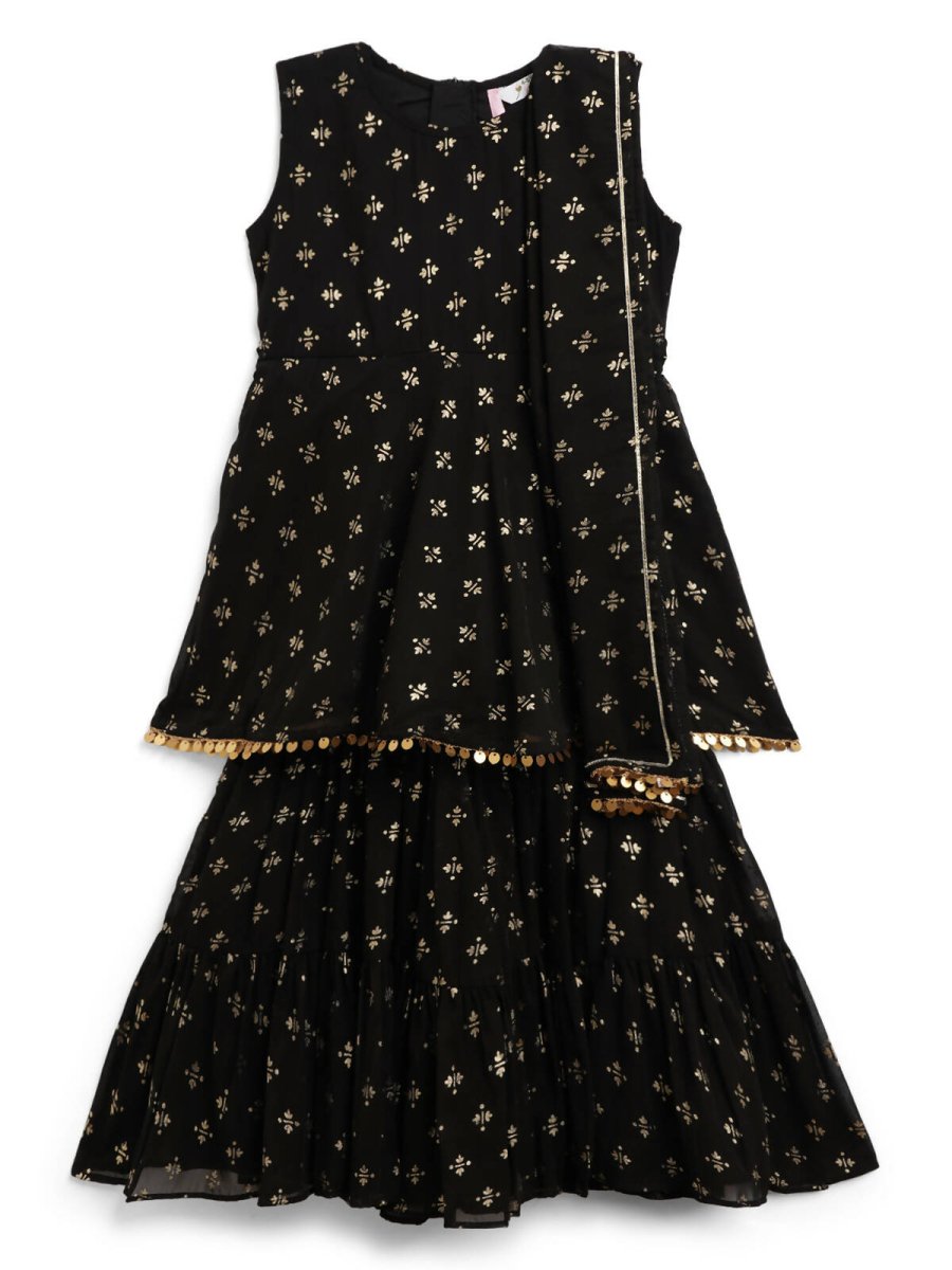 Ahalyaa Black Georgette Gold Foil Print Kids Peplum style Kurta Sharara Set With Dupatta For Girls | Swadesiicart
