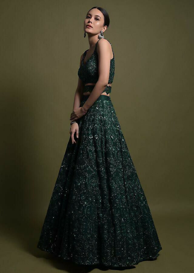 Jyoti Fashion Women's Dark Green Net Sequins with Dori & Thread Embroidered Designer Lehenga Choli Set | Swadesiicart