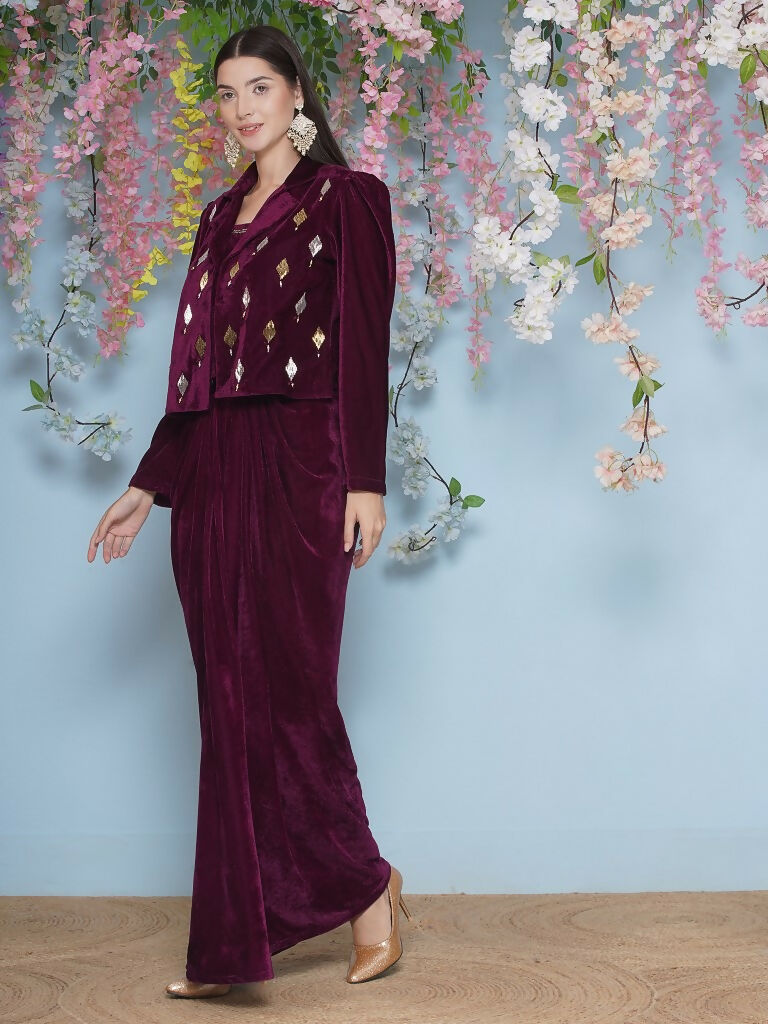 Joban Fashion Wine Hand Embellished Jacket with inner and skirt - Swadesiicart