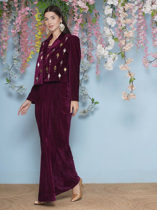 Joban Fashion Wine Hand Embellished Jacket with inner and skirt - Swadesiicart