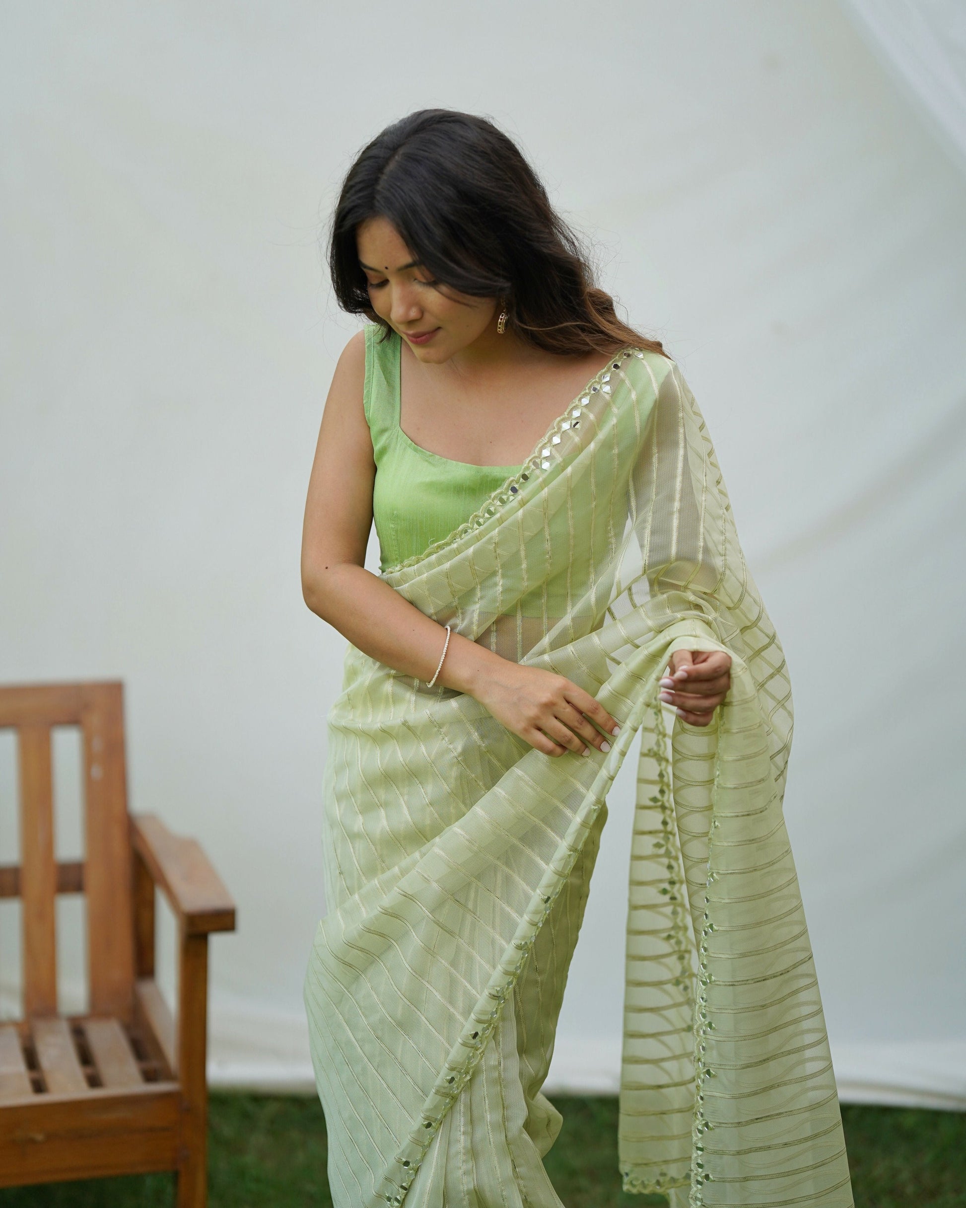 Vamsee Vijaysitara Pista Organza Saree - Swadesiicart