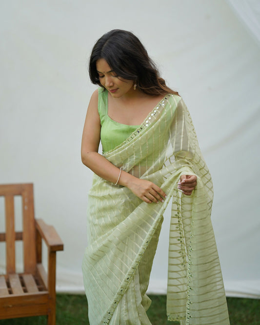 Vamsee Vijaysitara Pista Organza Saree - Swadesiicart