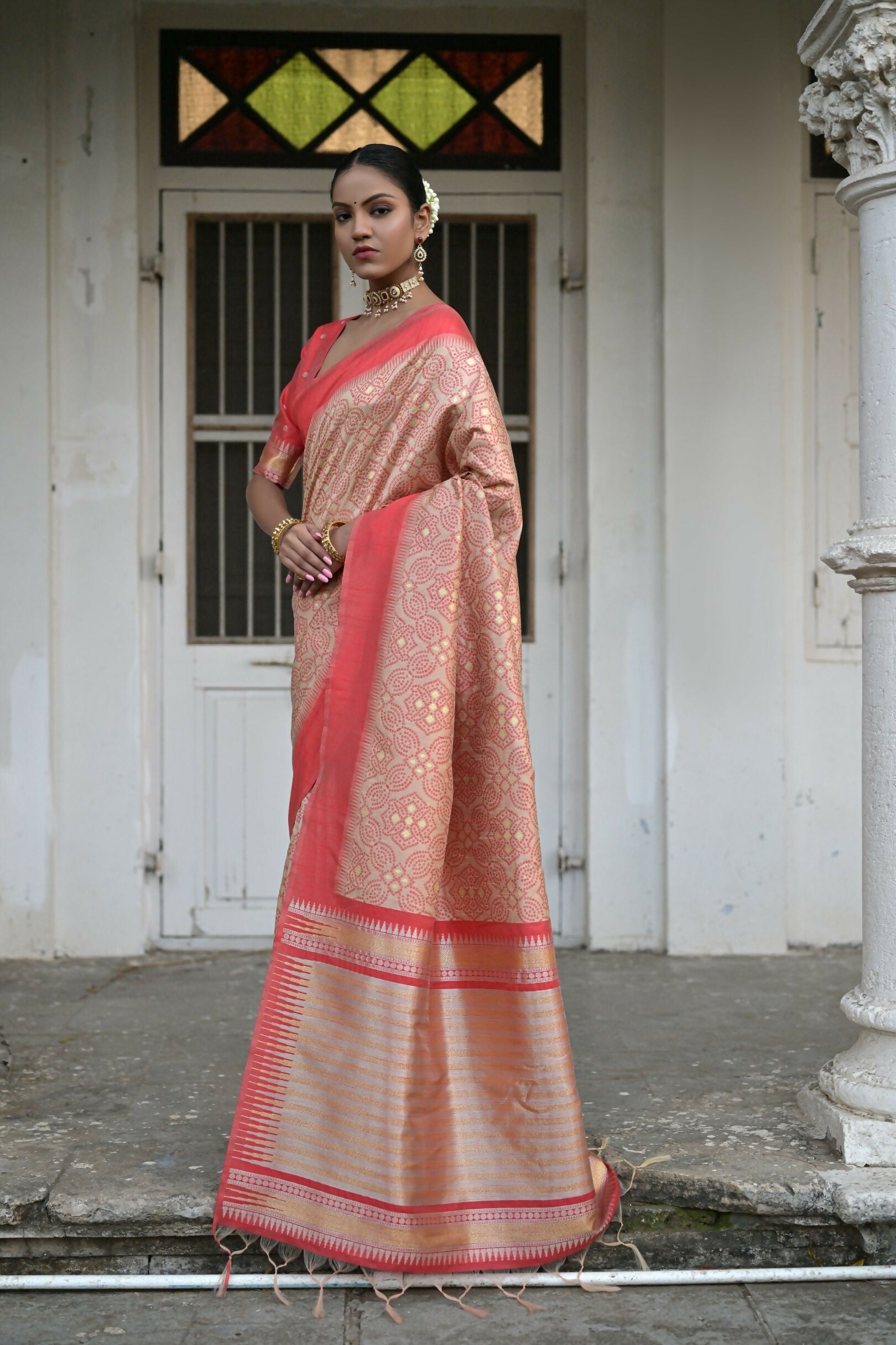 Vishnu Weaves Women's Chiku Raw Silk Saree with Blouse - Swadesiicart