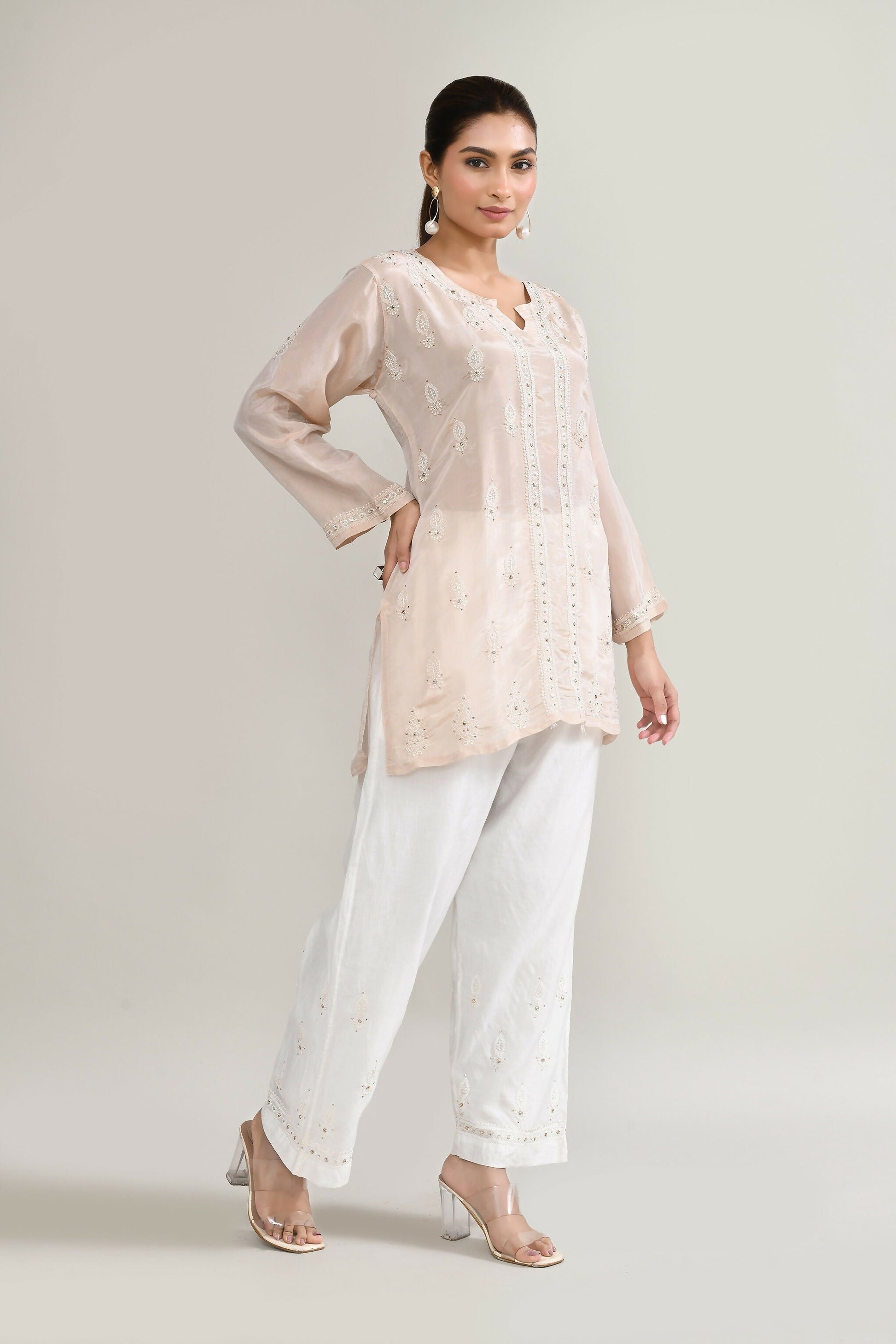 Joban Fashion Womens Cotton ChikanKari Baby Pink Cord set - Swadesiicart