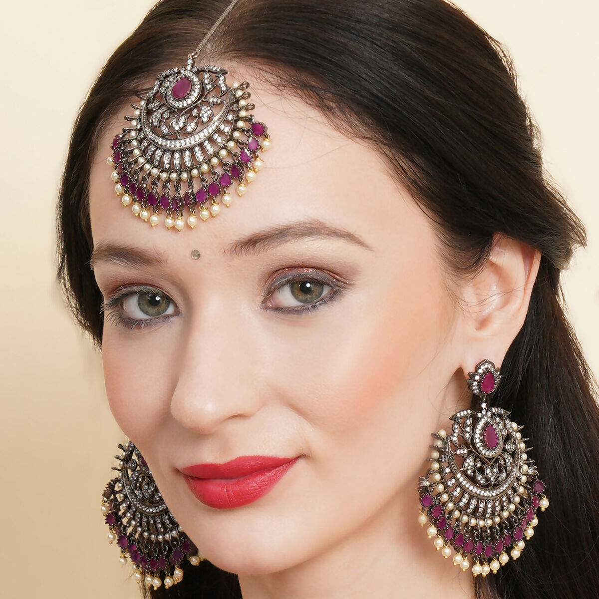 Diamond & Maroon Stone Earrings with Matching Maang Tikka- Ruby Raang | Swadesiicart