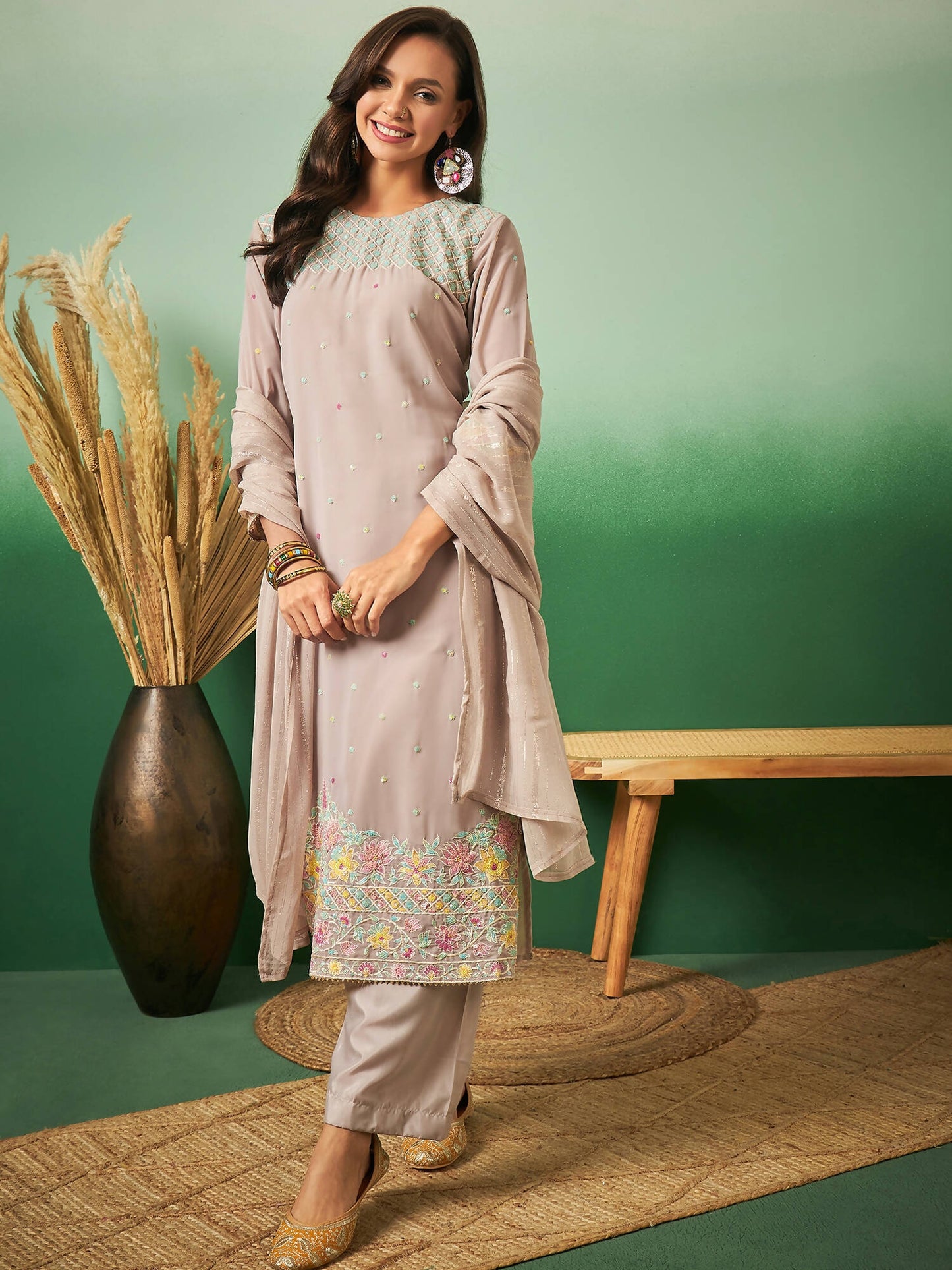 Light Brown Georgette Handwork Unstitched Dress Material - Hanika | Swadesiicart