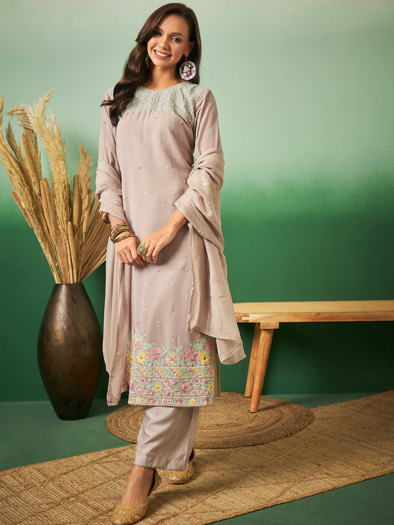 Light Brown Georgette Handwork Unstitched Dress Material - Hanika | Swadesiicart