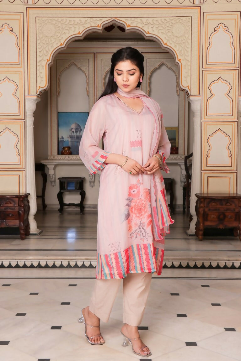 Vaasva Women Beige Tabby Slik Print & Embroidered Kurta, Pant & Dupatta set | Swadesiicart