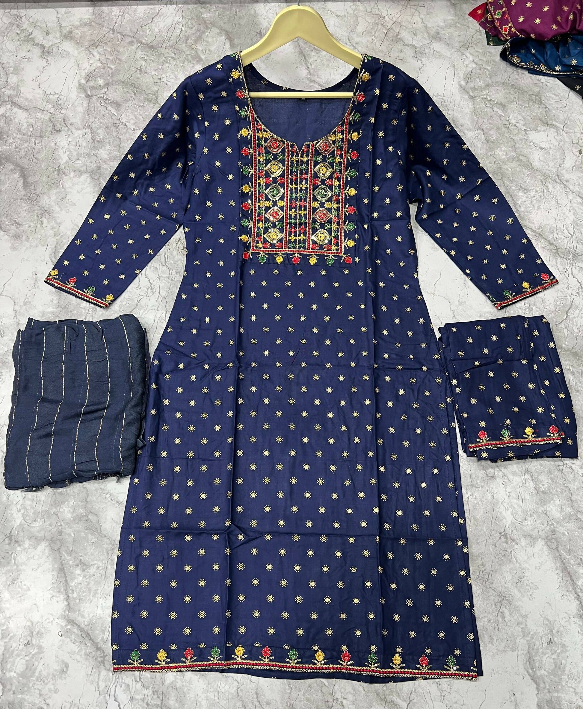 Jyoti Fashion Women's Blue 14KG Rayon Foil Print with Embroidery Kurta Set | Swadesiicart