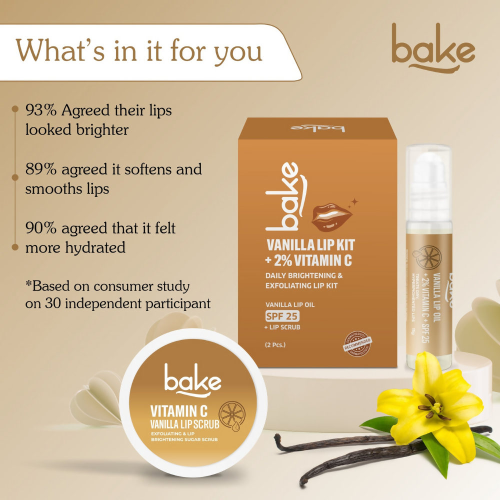 Bake Vitamin C Vanilla Lip Kit With Lip Balm SPF 25 & Lip Scrub For Dark & Pigmented Lips | Swadesiicart