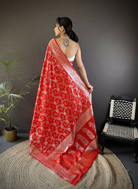 Joban Fashion Red Meenakari Banarasi Silk Sarees | Swadesiicart