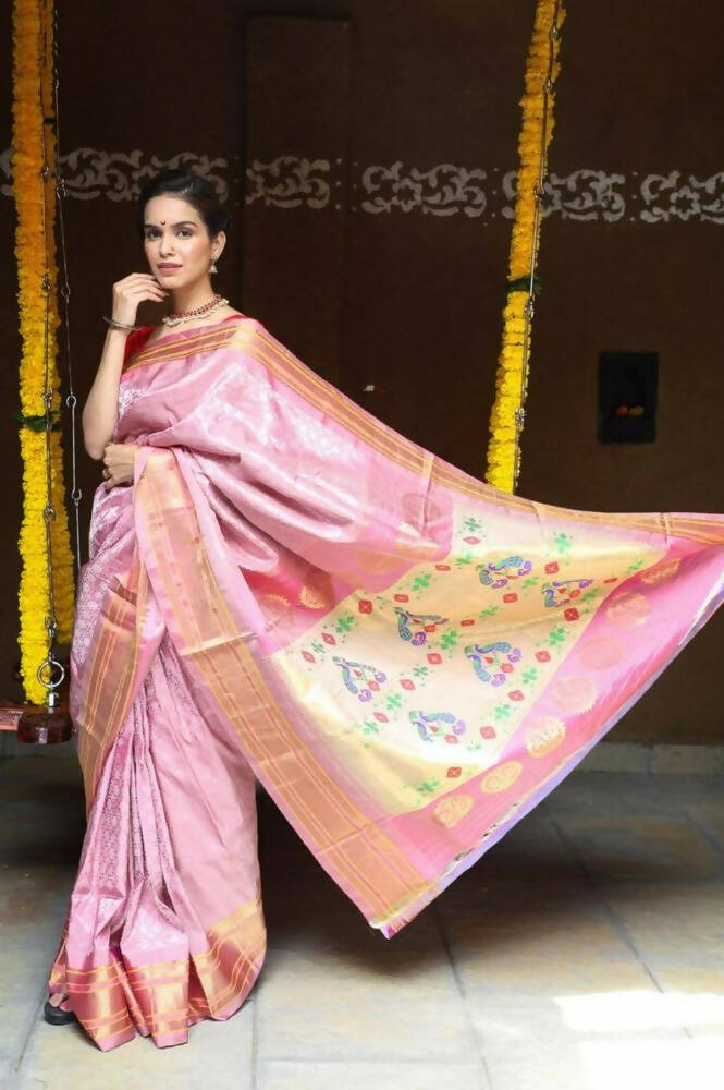 Very Much Indian Silk Handloom Maharani Paithani In Rich Pearl Pink With Silver Zari Brocade | Swadesiicart