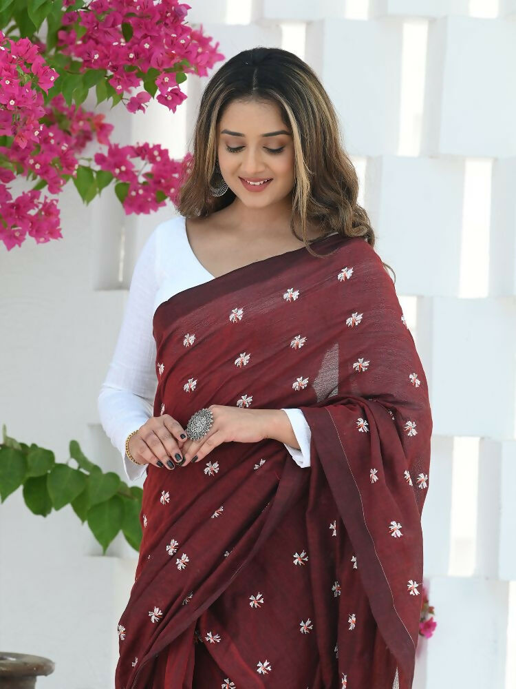 Beatitude Maroon Khadi Floral Embroidered Saree