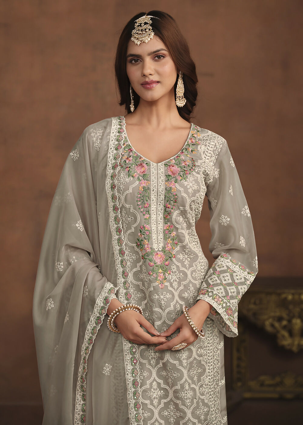 Slate Grey Soft Organza Embroidered Festive Salwar Suit - Emponline | Swadesiicart