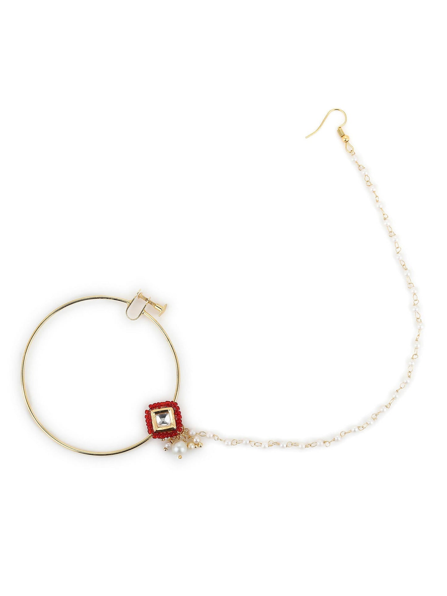 White Red Gold-Polished Kundan-Studded Beaded Nosepin - Ruby Raang | Swadesiicart