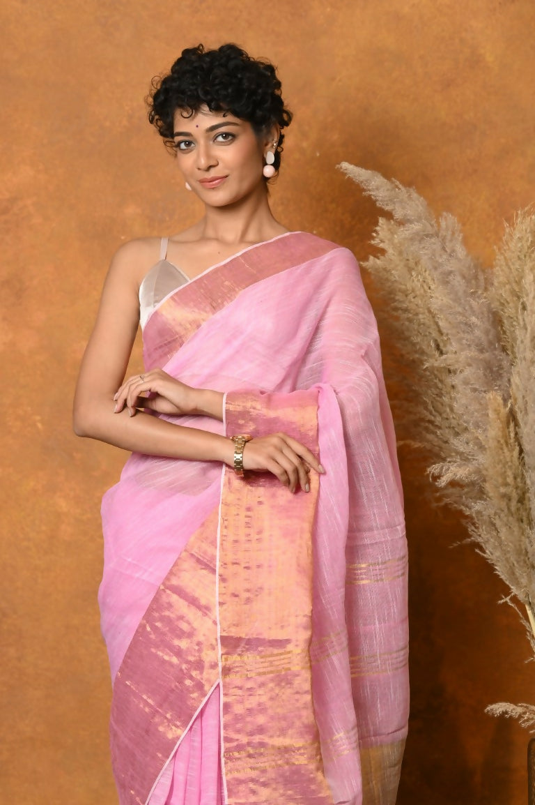 Very Much Indian Handloom Pure Cotton Linen Saree With Golden Border - Pink | Swadesiicart
