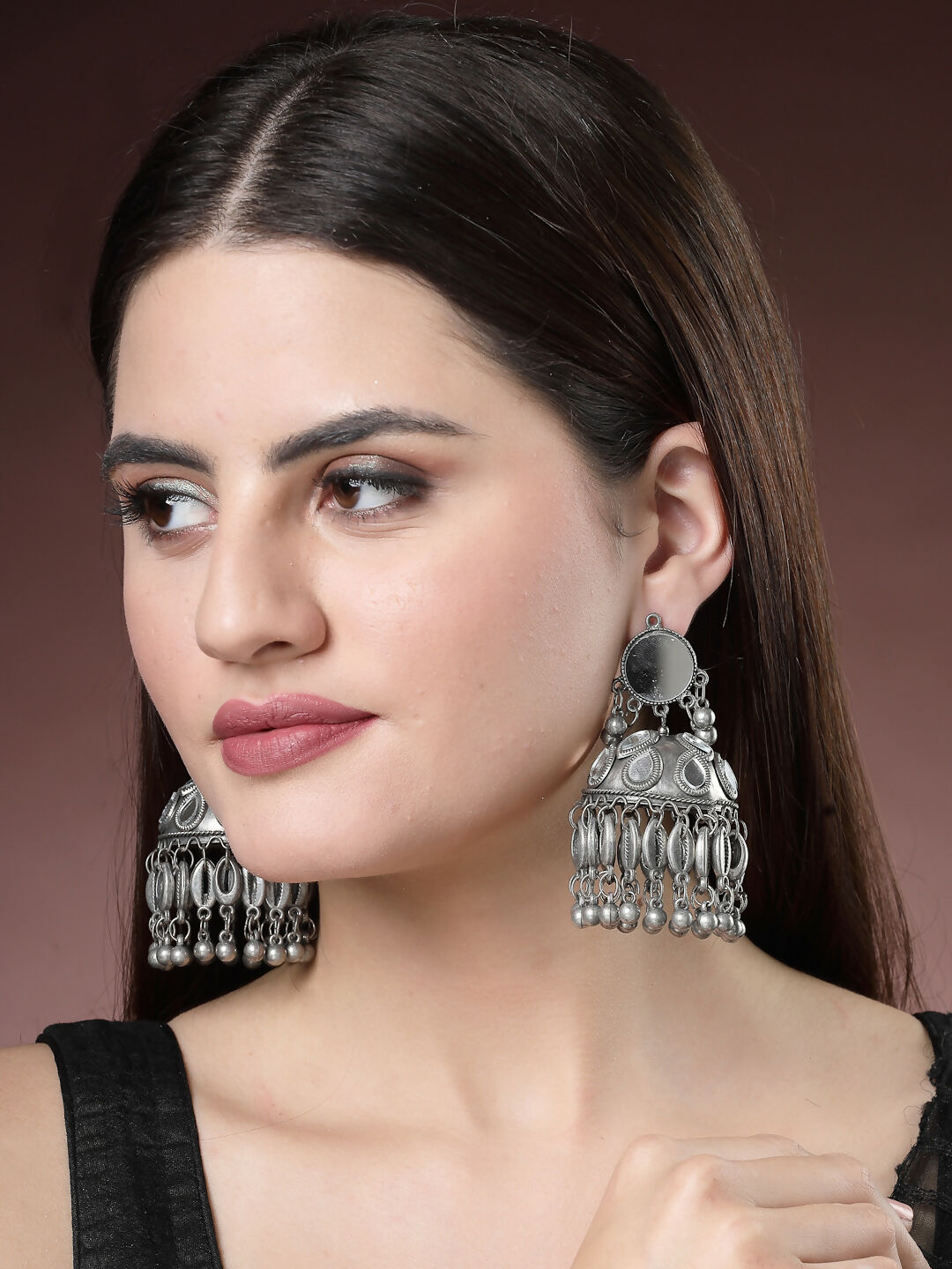 NVR Women's Silver Plated Mirror Work Oxidised Contemporary Jhumka Earrings | Swadesiicart