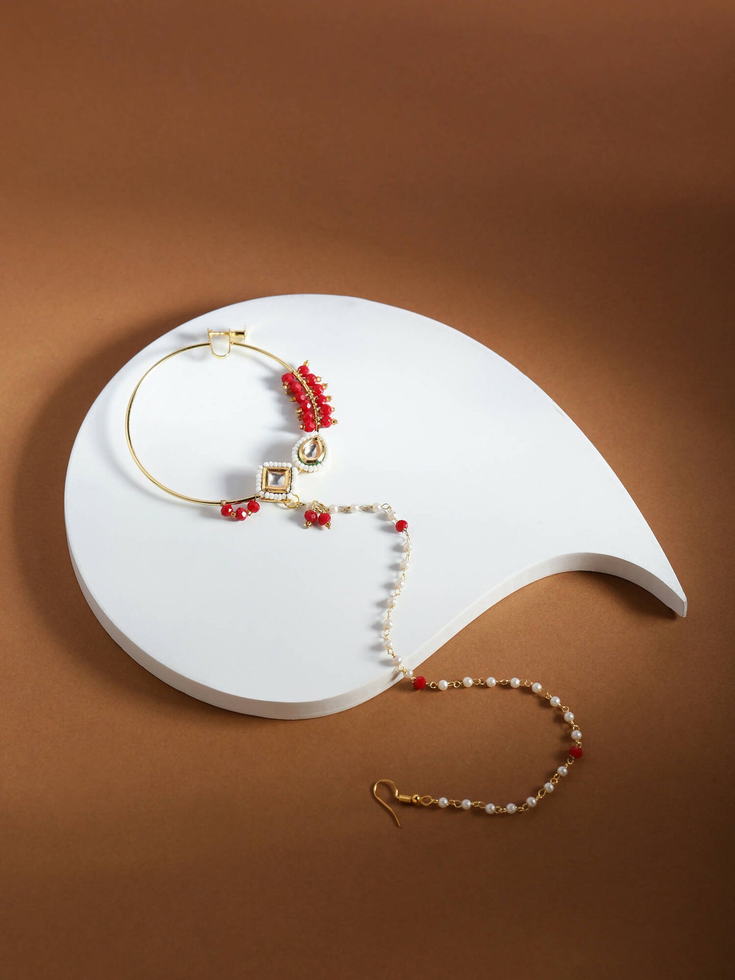 Gold-Polished White Red Stone-Studded Pearl Beaded Nosepin - Ruby Raang | Swadesiicart