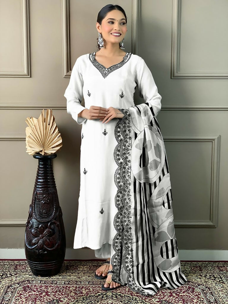 White Viscose chanderi Stitched Suit With Dupatta - Tanisha | Swadesiicart